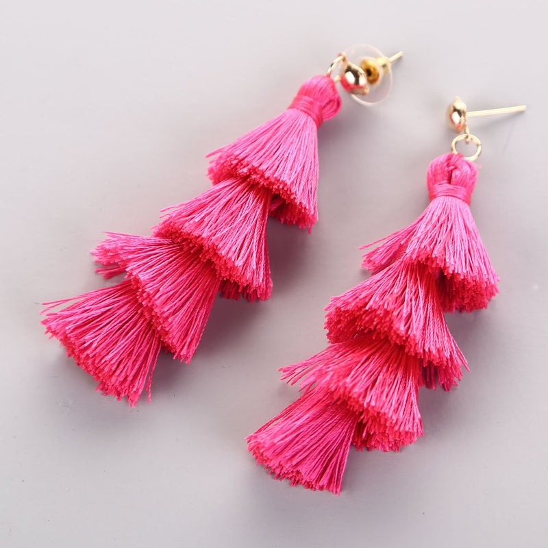 BaubleStar Fashion Tassel Dangle Earrings for Women Layered Long Bonita Tiered Thread Tassel Rose Red Drop Statement Jewelry - Image 3